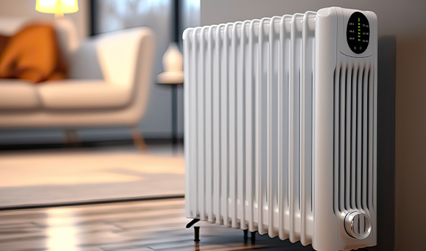 Modern white radiator in a stylish living room setting.
