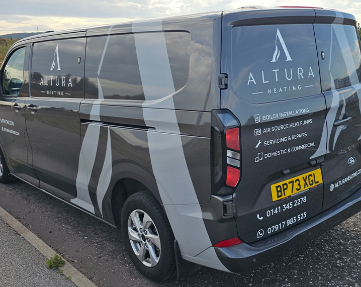 Altura Heating branded van showcasing services in boiler installations and heat pumps